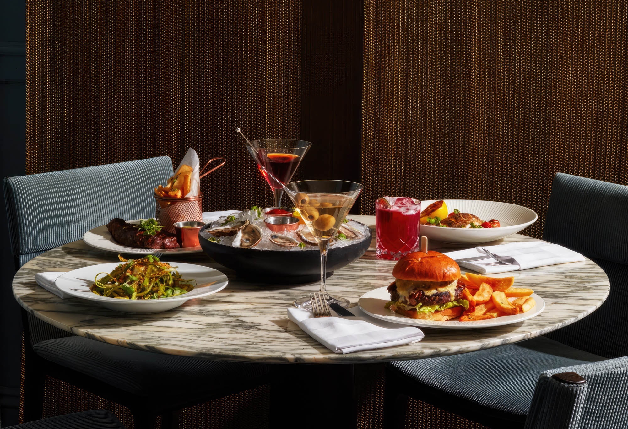 A table of assorted dishes and drinks.