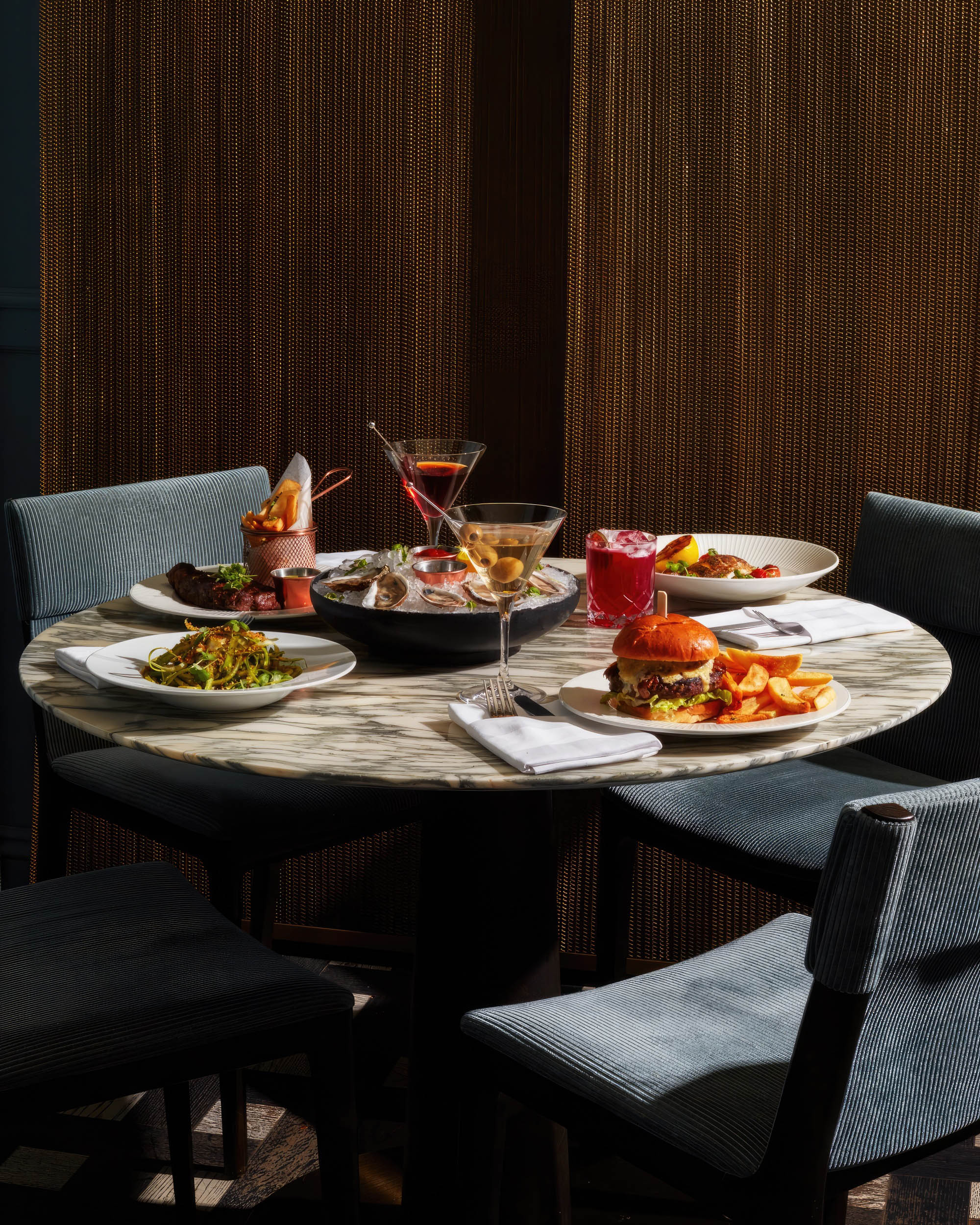 A table of assorted dishes and drinks.