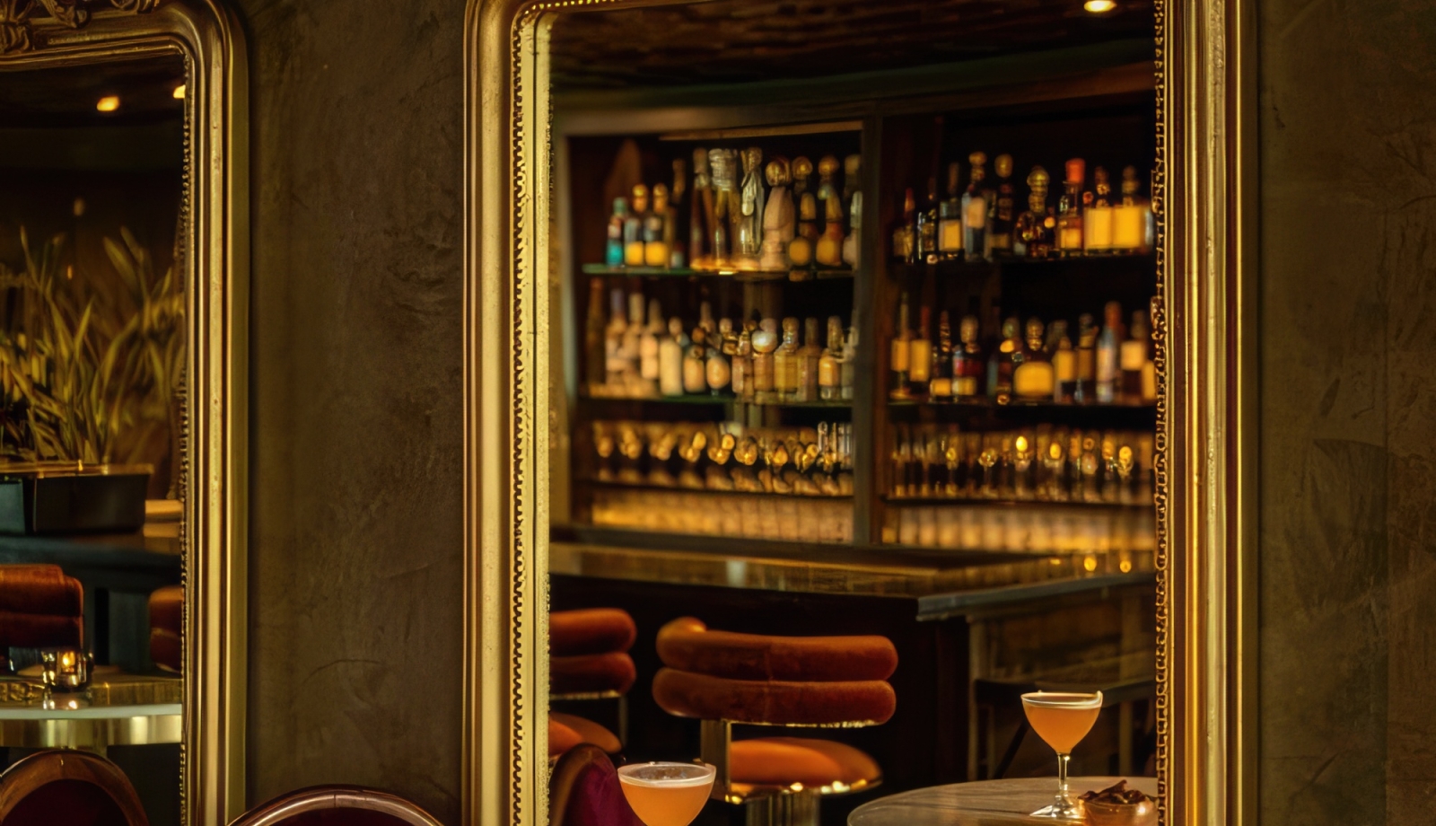 A small table with elegant chairs at Darling. A cocktail is placed on the table and a view of the bar is seen through a mirror behind the setting.