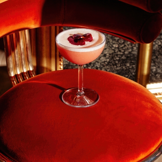 A pink cocktail on a red velvet cushion.