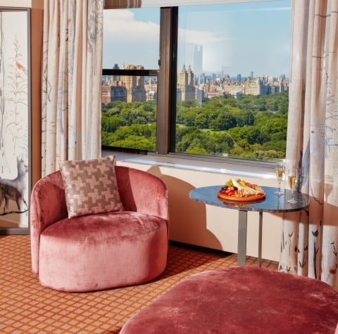 The living area of a suite with pink chairs at Park Lane New York overlooking Central Park.