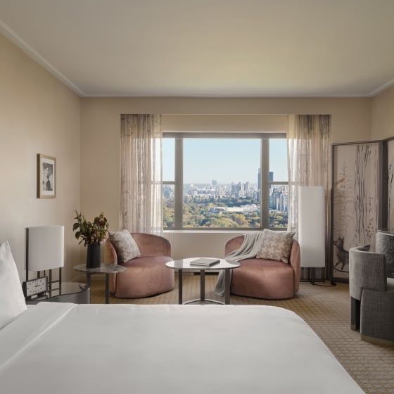 A king suite at Park Lane New York overlooking Central Park.