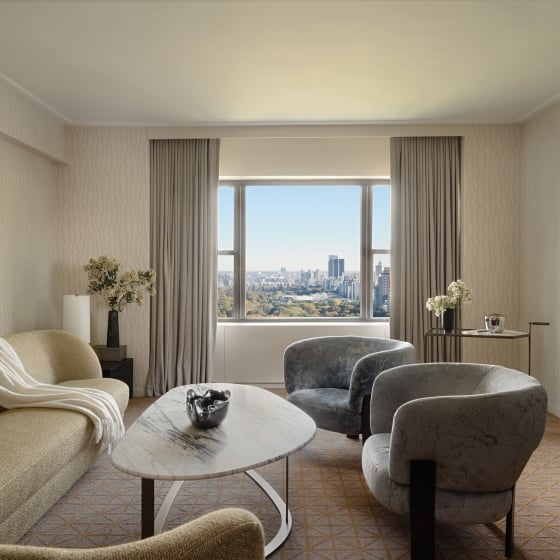 The seating area of a suite at Park Lane New York with view of Central Park.