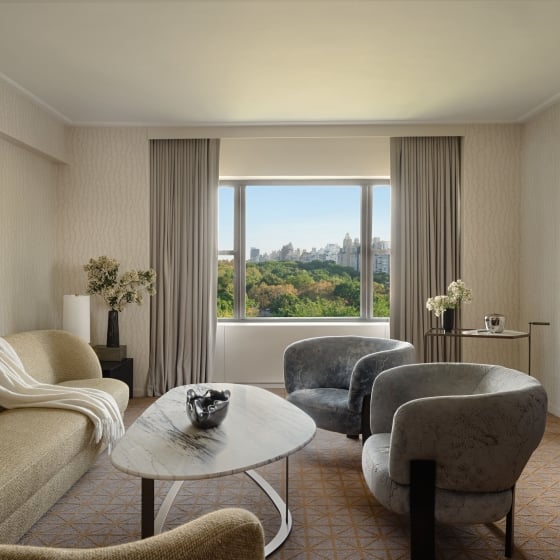 The seating area of a one bedroom suite overlooking Central Park at Park Lane New York.